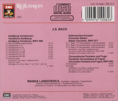 Wanda Landowska - J.S. Bach: Goldberg Variations, Italian Concerto, Chromatic Fantasy and Fugue (1987) CD-Rip