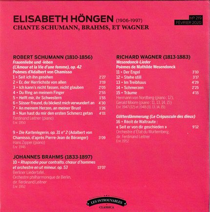 Elisabeth Höngen - Elisabeth Höngen Chante Schumann, Brahms Et Wagner (2020)