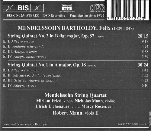 Mendelssohn String Quartet, Robert Mann - Mendelssohn: String Quintets (2002) CD-Rip