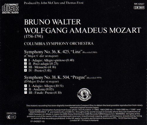 Columbia Symphony Orchestra, Bruno Walter - Mozart: Symphonies Nos. 36 & 38 (1985) CD-Rip