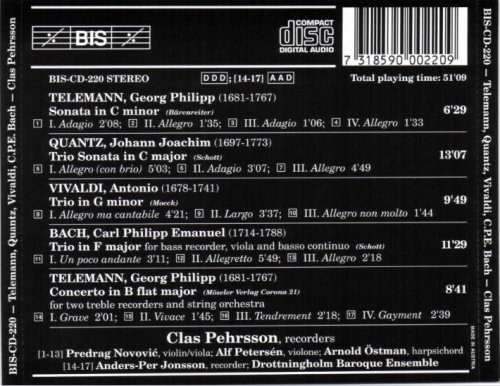 Clas Pehrsson, Predrag Novović, Alf Petersén, Arnold Östman - Telemann, Quantz, Vivaldi, C.P.E. Bach: Original Instruments (1994)