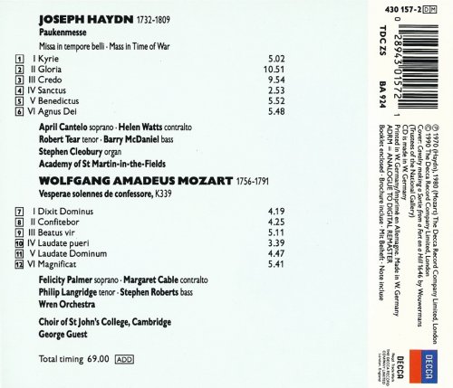 Wren Orchestra, Choir of St John's College, George Guest - Haydn: Paukenmesse / Mozart: Vespers K339 (1990) CD-Rip