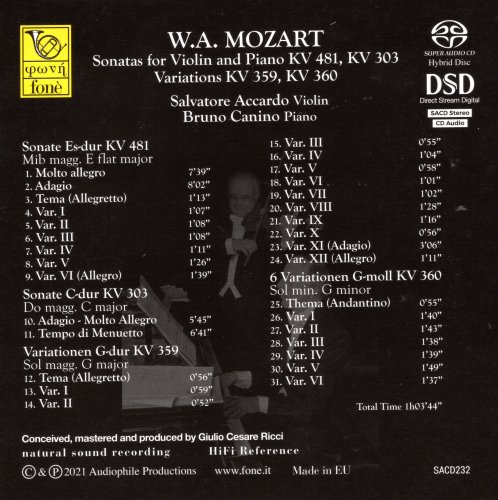 Salvatore Accardo, Bruno Canino - Mozart: Sonatas for Violin and Piano  KV 481, KV 303 Variations KV 359, KV 360 (2021) [SACD]