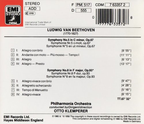 Philharmonia Orchestra, Otto Klemperer - Beethoven: Symphonies Nos. 5 & 8 (1990) CD-Rip