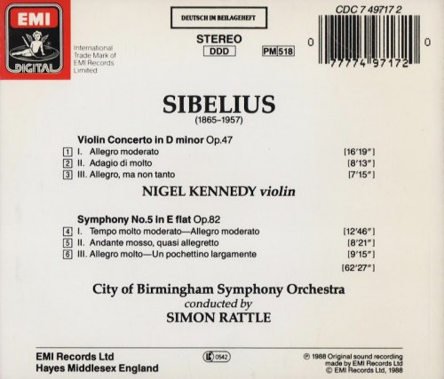 Nigel Kennedy, City of Birmingham Symphony Orchestra, Simon Rattle - Sibelius: Violin Concerto Op. 47, Symphony No. 5 Op. 82 (1988) CD-Rip