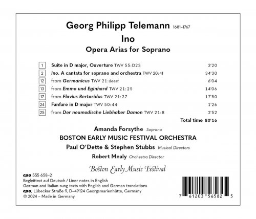 Paul O'Dette, Boston Early Music Festival Orchestra, Amanda Forsythe, Stephen Stubbs, Robert Mealy - Georg Philipp Telemann: Ino · Opera Arias for Soprano (2024) [Hi-Res]