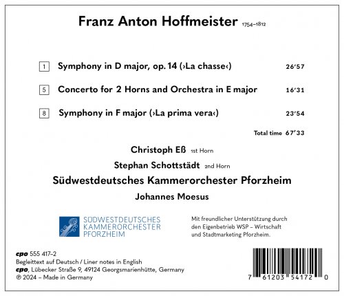 Südwestdeutsches Kammerorchester Pforzheim, Johannes Moesus, Stephan Schottstädt, Christoph Ess - Franz Anton Hoffmeister: Concerto for 2 Horns · 2 Symphonies (2024) [Hi-Res]