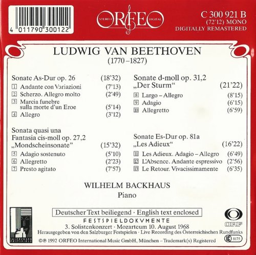 Wilhelm Backhaus - Beethoven: Piano Sonatas Nos. 12, 14, 17, 26 (1992) CD-Rip