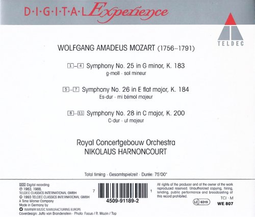 Concertgebouw Orchestra, Nikolaus Harnoncourt - Mozart: Symphonies Nos. 25, 26, 28 (1993) CD-Rip