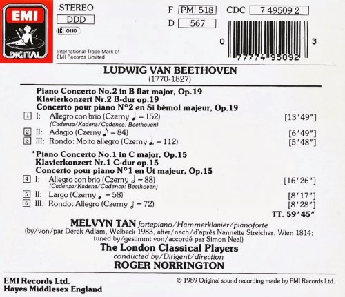 Melvyn Tan, The London Classical Players, Roger Norrington - Beethoven: Piano Concertos 1 & 2 (1989) CD-Rip