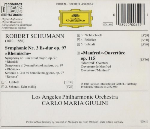 Los Angeles Philharmonic Orhcestra, Carlo Maria Giulini - Schumann: Symphony No. 3 "Rheinische", Manfred Overture (1984) CD-Rip