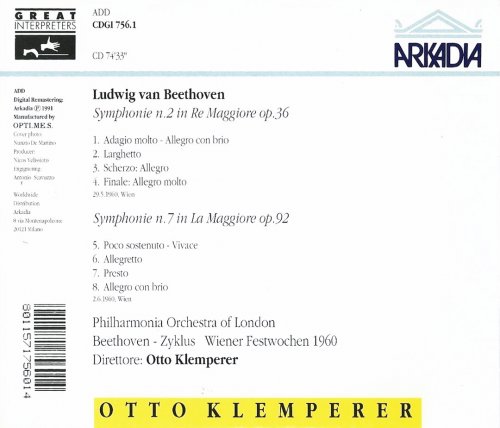 Philharmonia Orchestra, Otto Klemperer - Beethoven: Symphonies No. 2 & 7 (1991) CD-Rip