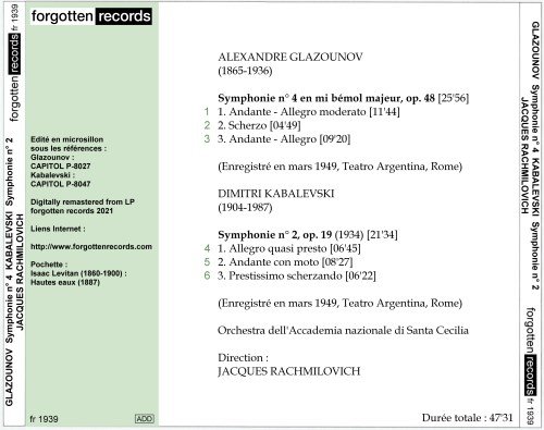 Jacques Rachmilovich - GLAZOUNOV: Symphonie n° 4 en mi bémol majeur / KABALEVSKI: Symphonie n° 2, op. 19 (2021)