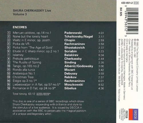 Shura Cherkassky - Live Encores, Vol. 3 (1993) CD-Rip