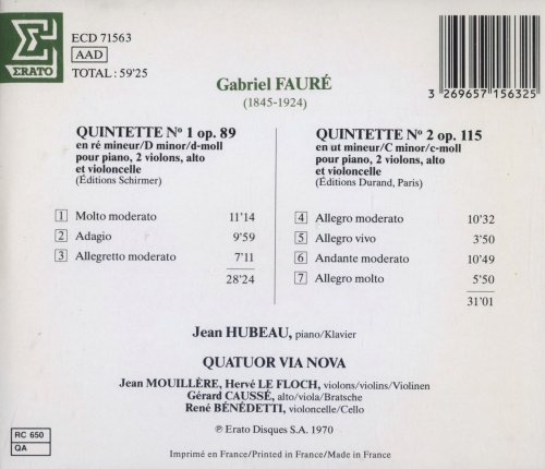 Jean Hubeau, Quatuor Via Nova - Fauré: Piano Quintets Nos. 1 & 2 (1986) CD-Rip