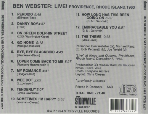 Ben Webster - Live! Providence, Rhode Island, 1963 (1994)