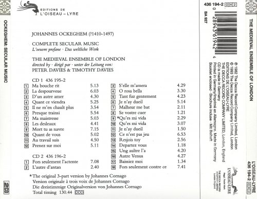 The Medieval Ensemble of London, Peter Davies, Timothy Davies - Ockeghem: Complete Secular Music  (1993)