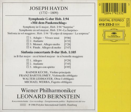 Wiener Philharmoniker, Leonard Bernstein - Haydn: Symphonie No.94 'Surprise', Sinfonia Concertante (1986) CD-Rip