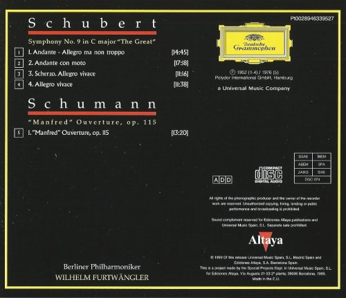 Berliner Philharmoniker, Wilhelm Furtwängler - Schubert: Symphony no. 9 “The Great” / Schumann:“Manfred” Overture (1999) CD-Rip