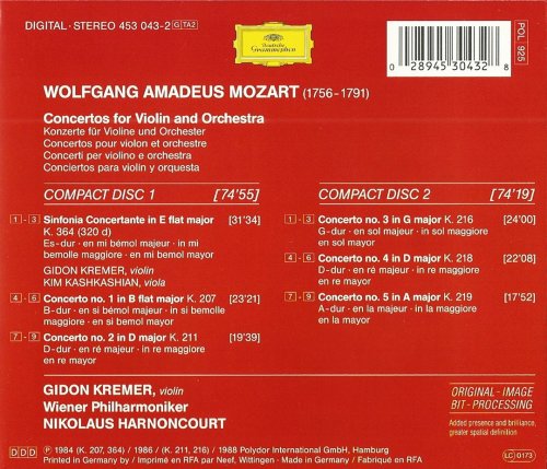 Gidon Kremer, Wiener Philharmoniker, Nikolaus Harnoncourt - Mozart: The 5 Violin Concertos (1988) CD-Rip