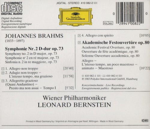 Wiener Philharmoniker, Leonard Bernstein - Brahms: Symphony No.2, Academic Festival Overture (1983) CD-Rip