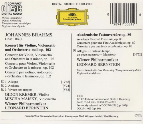 Gidon Kremer, Mischa Maisky, Wiener Philharmoniker, Leonard Bernstein - Brahms: Double Concerto (1984) CD-Rip