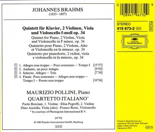 Maurizio Pollini, Quartetto Italiano - Brahms: Klavierquintett Op. 34 (1986) CD-Rip