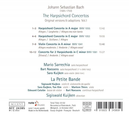 Mario Sarrechia, Sara Kuijken, Bart Naessens, La Petite Bande, Mario Sarecchia, Sigiswald Kuijken - J.S. Bach: Cembaloconcerts, Vol. 1 (2022) [Hi-Res]